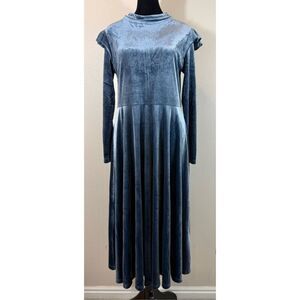 NWOT Ivy City Co. La La Lady Flare Ruffles Blue Velvet Midi Dress Women's XS